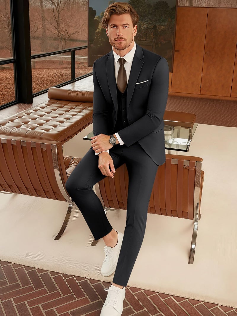 WEEN CHARM بدلات WEEN CHARM للرجال، مجموعة بدلة ضيقة مكونة من 3 قطع مع سترة ذات زرين، سترة، بنطلون، توكسيدو لحفلات الزفاف، الحفلات، الحفلات، الأعمال رمادي - Image 4